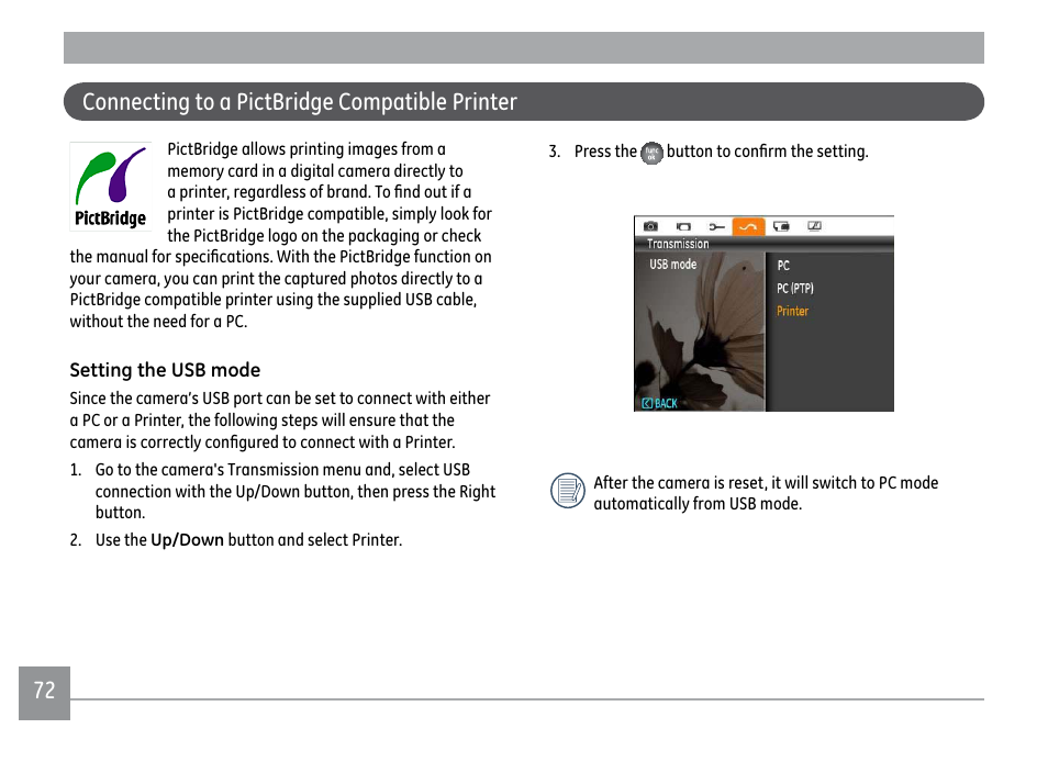 72 connecting to a pictbridge compatible printer | GE X500 User Manual | Page 75 / 89