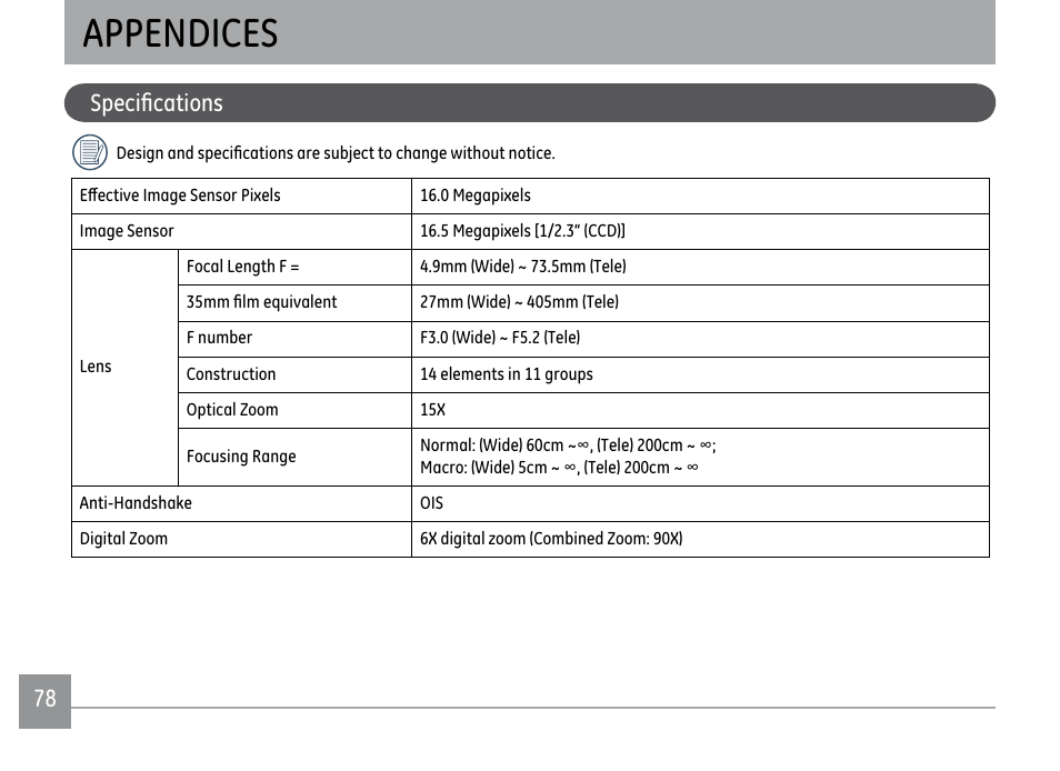 Appendices, 6shfl½fdwlrqv | GE X500 User Manual | Page 81 / 89