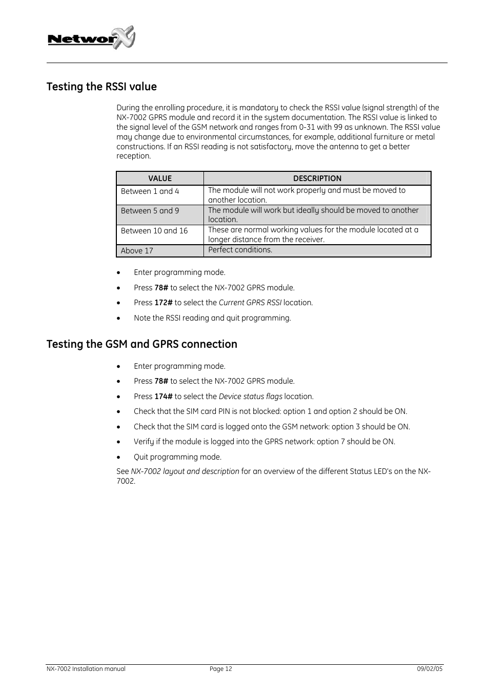 Testing the rssi value, Testing the gsm and gprs connection, Esting the | Rssi, Value, Gprs, Connection | GE NetworX NX-7002 User Manual | Page 12 / 39