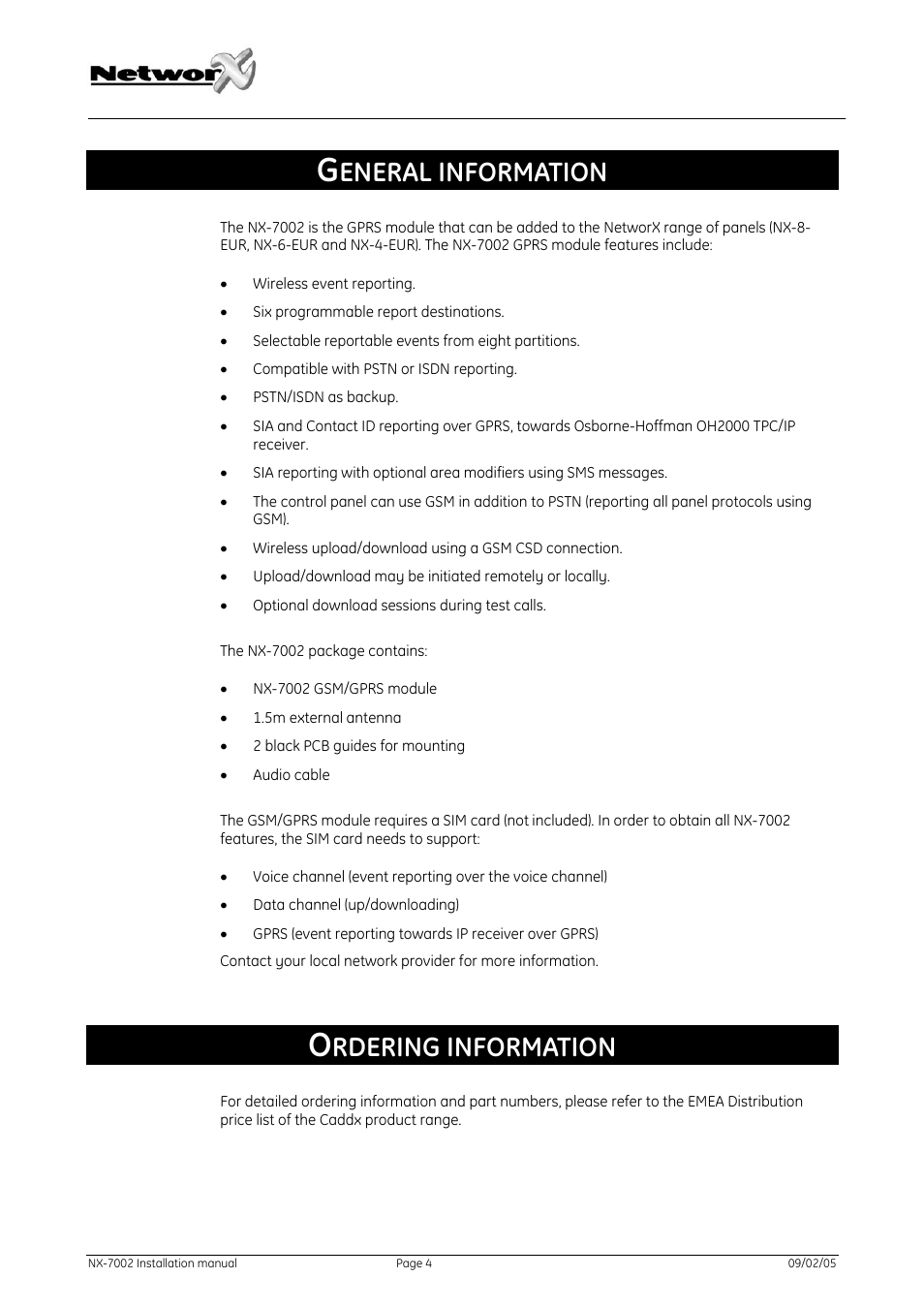 General information, Ordering information, Eneral information | Rdering information | GE NetworX NX-7002 User Manual | Page 4 / 39