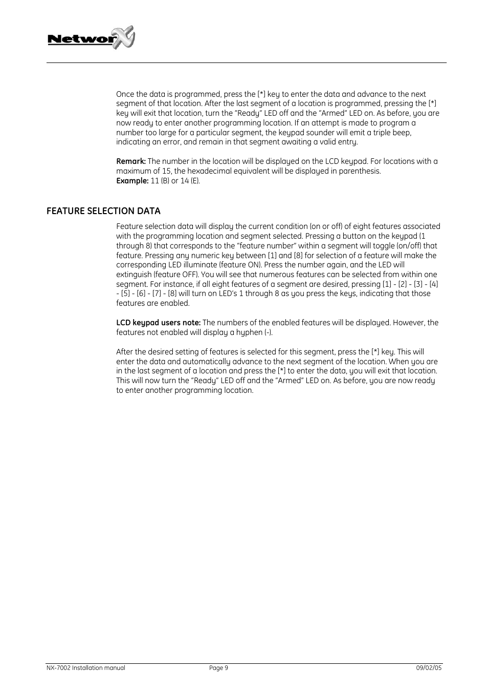 Feature selection data | GE NetworX NX-7002 User Manual | Page 9 / 39