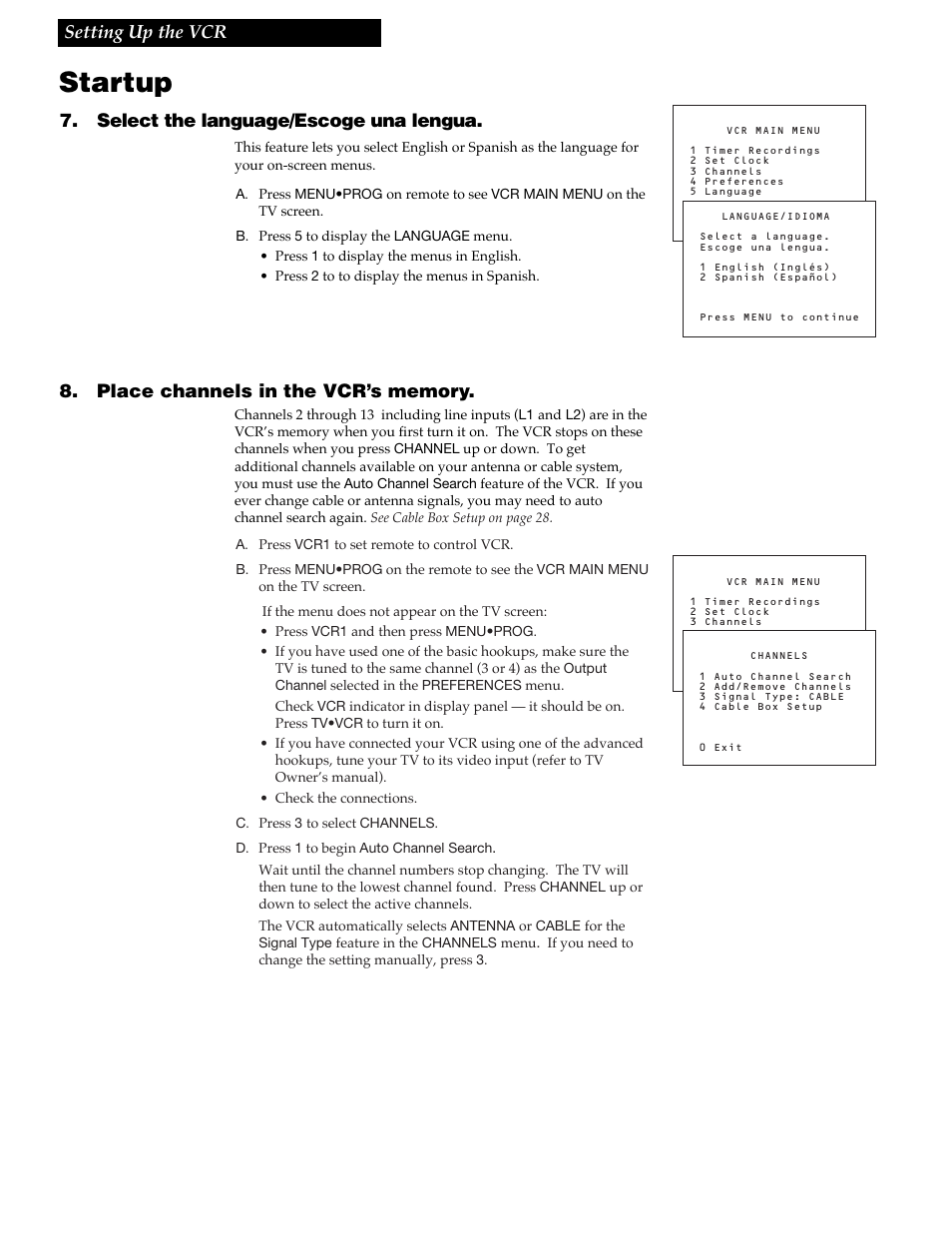 Startup, 9setting up the vcr, Select the language/escoge una lengua | GE VGN550 User Manual | Page 11 / 44