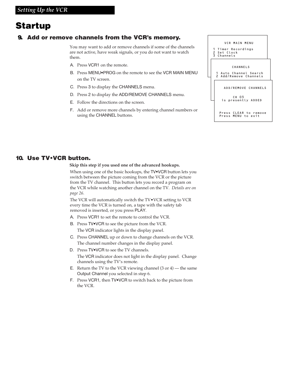 Startup, 10 setting up the vcr, Use tv•vcr button | GE VGN550 User Manual | Page 12 / 44