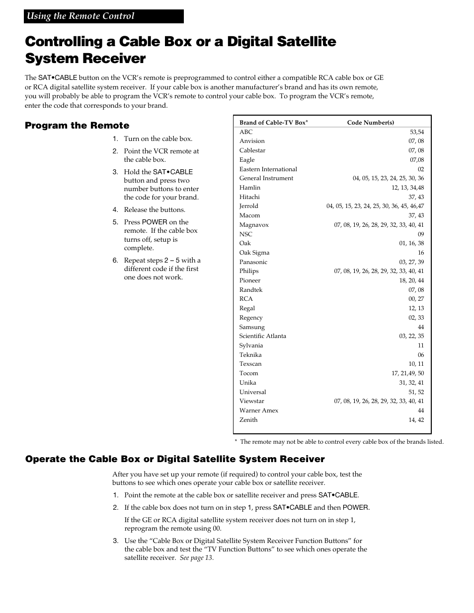 Controlling a cable box or a digital satellite, Program the remote, Using the remote control | GE VGN550 User Manual | Page 18 / 44