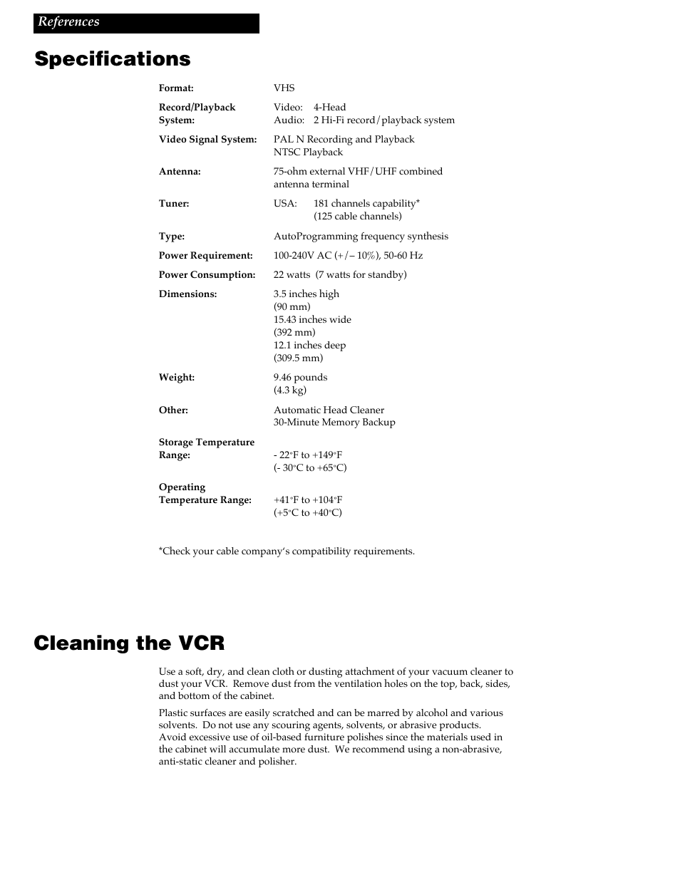 Specifications, Cleaning the vcr | GE VGN550 User Manual | Page 40 / 44