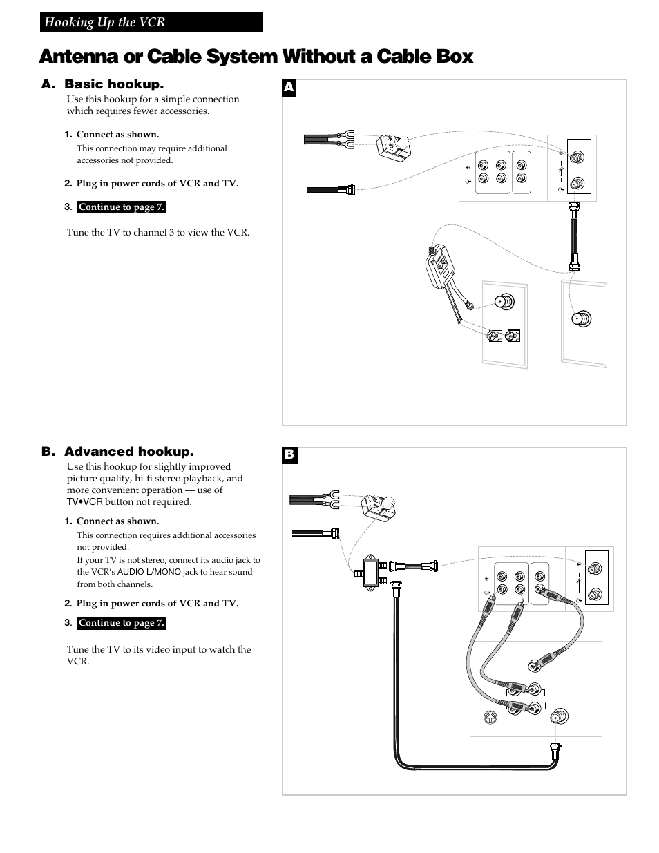 Antenna or cable system without a cable box, 3hooking up the vcr, A. basic hookup | B. advanced hookup | GE VGN550 User Manual | Page 5 / 44