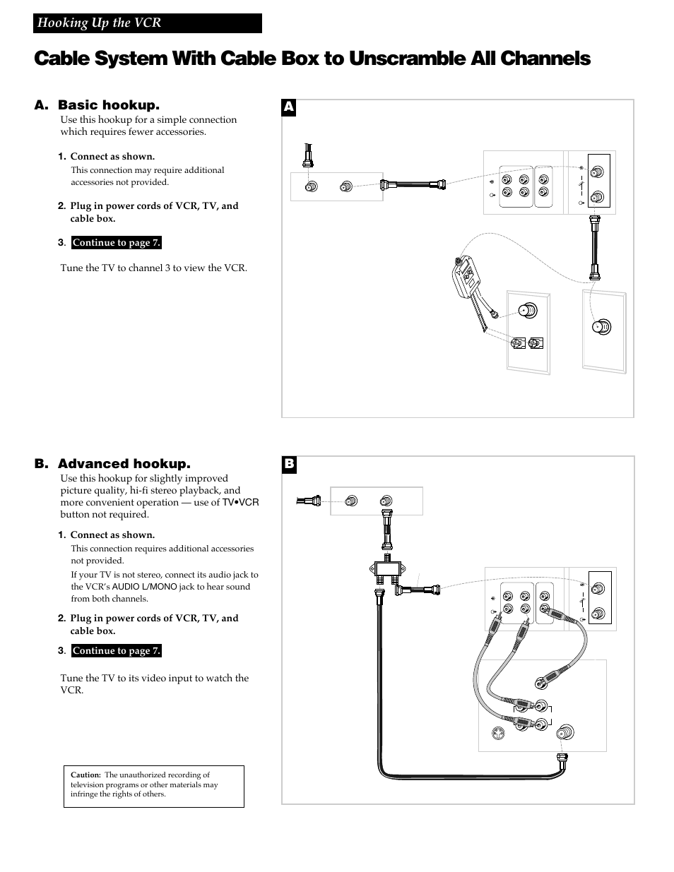 4hooking up the vcr, A. basic hookup, B. advanced hookup | Cable box, Back of vcr back of tv, Back of tv back of vcr | GE VGN550 User Manual | Page 6 / 44