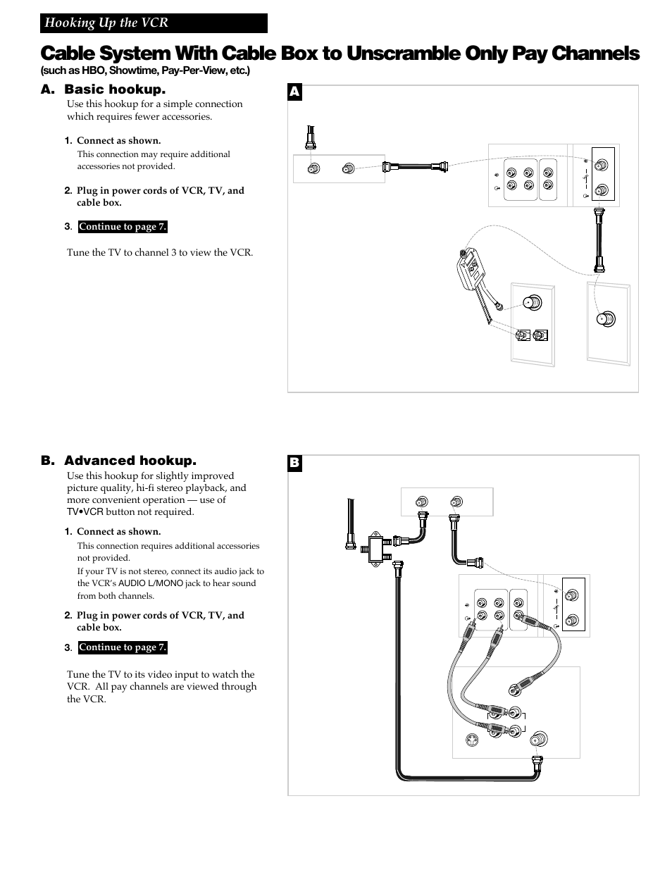 5hooking up the vcr, A. basic hookup, B. advanced hookup | Such as hbo, showtime, pay-per-view, etc.) | GE VGN550 User Manual | Page 7 / 44