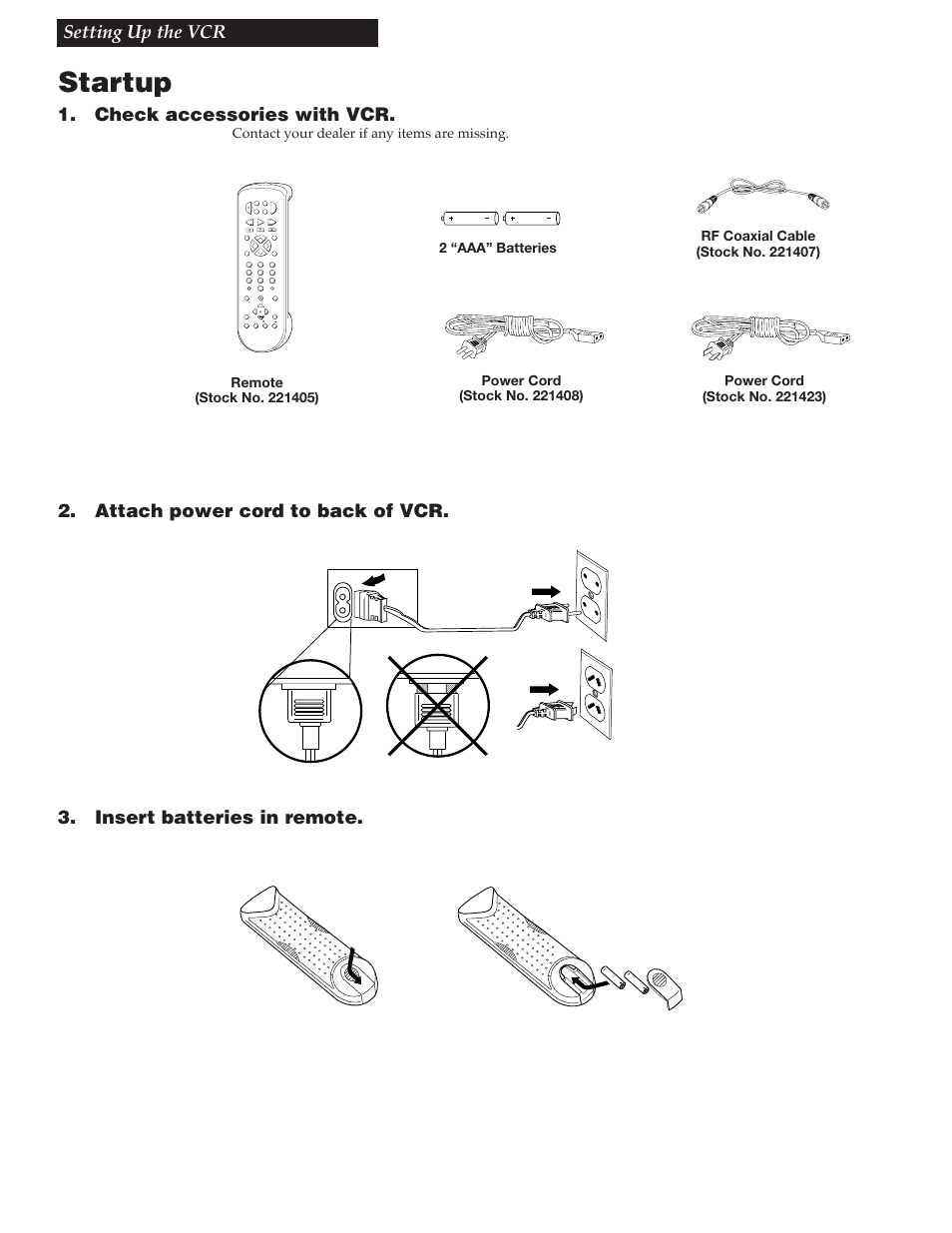 Setting up the vcr, Startup, 7setting up the vcr 1. check accessories with vcr | Contact your dealer if any items are missing | GE VGN550 User Manual | Page 9 / 44