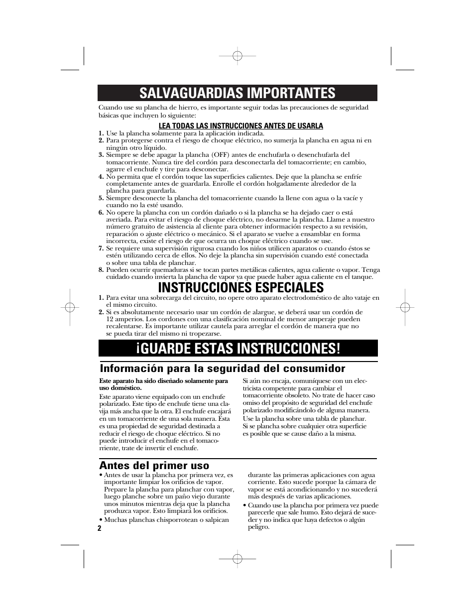 Instrucciones especiales, Información para la seguridad del consumidor, Antes del primer uso | GE 840094500 User Manual | Page 10 / 16