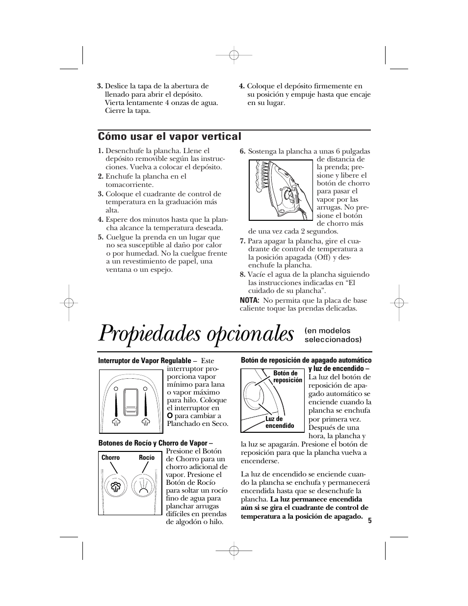 Propiedades opcionales, Cómo usar el vapor vertical | GE 840094500 User Manual | Page 13 / 16