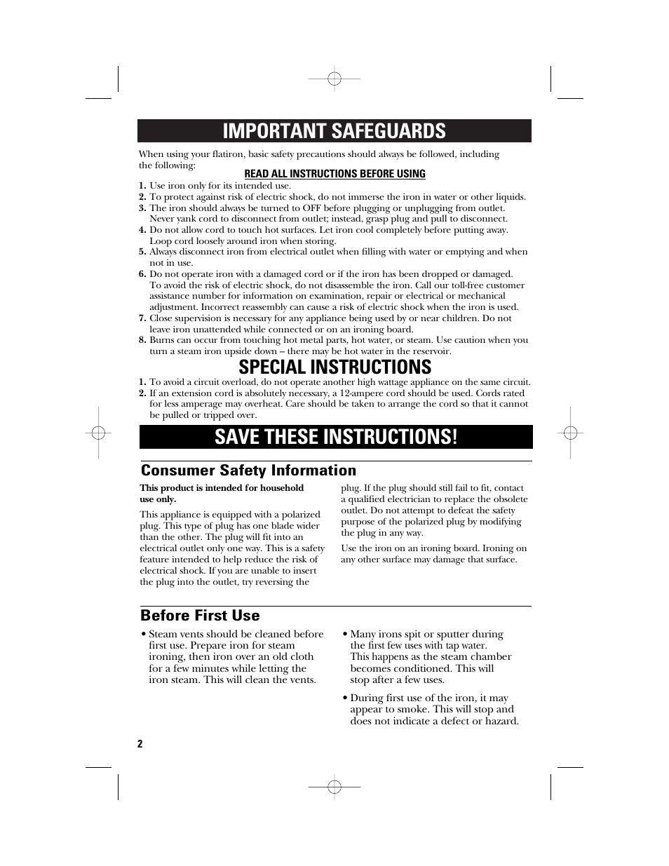 Important safeguards save these instructions, Special instructions, Consumer safety information | Before first use | GE 840094500 User Manual | Page 2 / 16