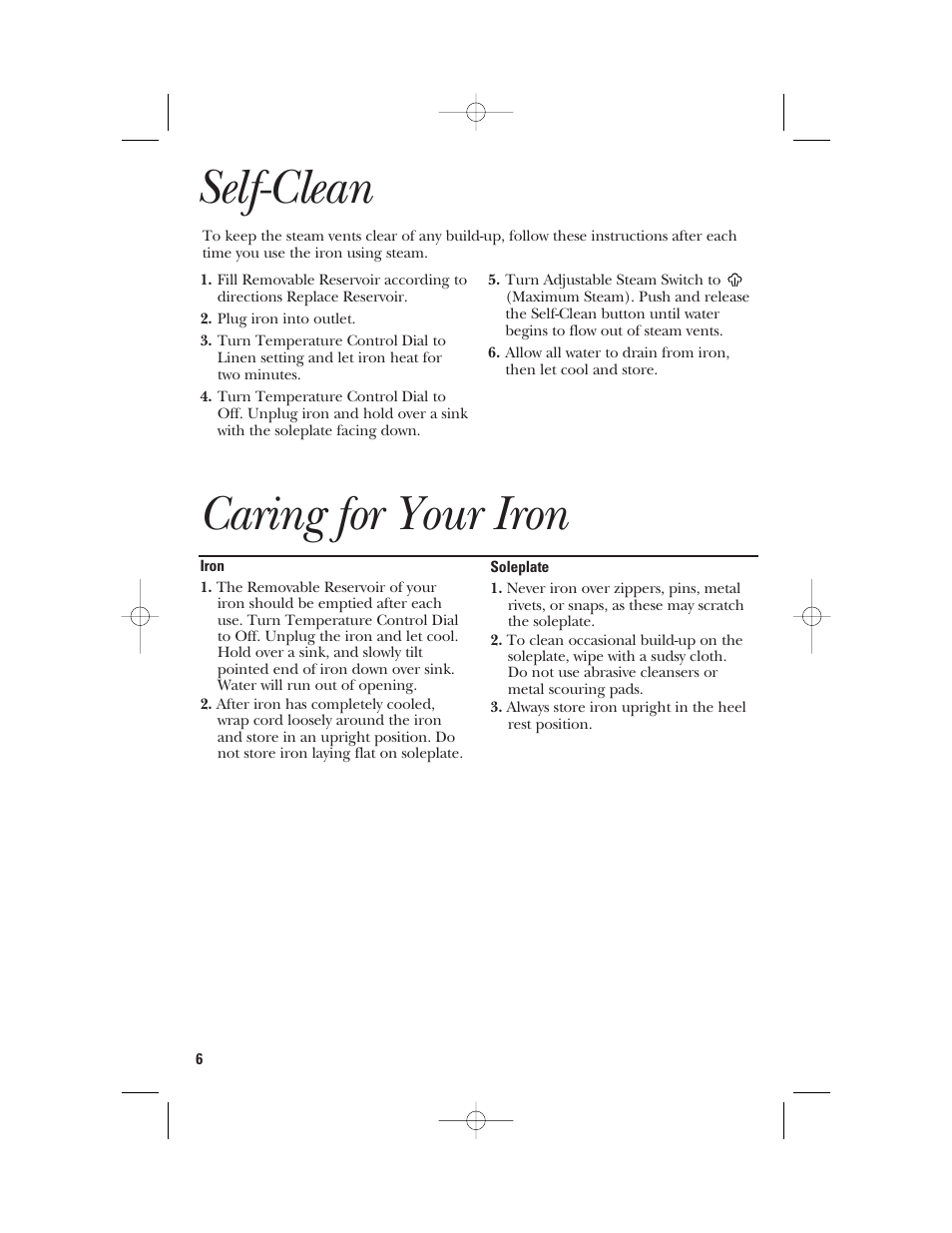 Caring for your iron, Self-clean | GE 840094500 User Manual | Page 6 / 16