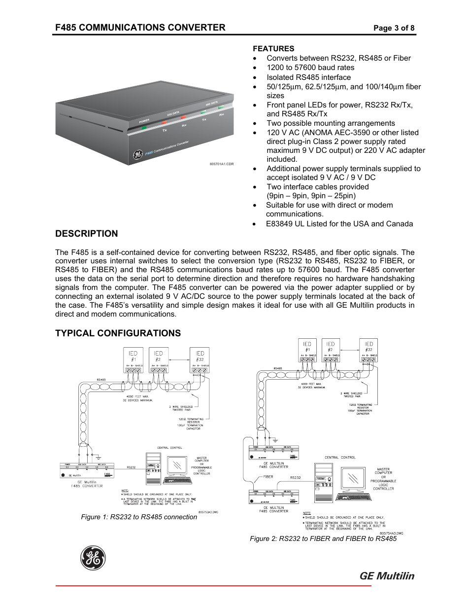 Features, Description, Typical configurations | GE F485 User Manual | Page 3 / 8