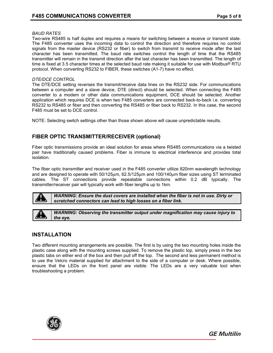 Fiber optic transmitter/receiver, Installation | GE F485 User Manual | Page 5 / 8