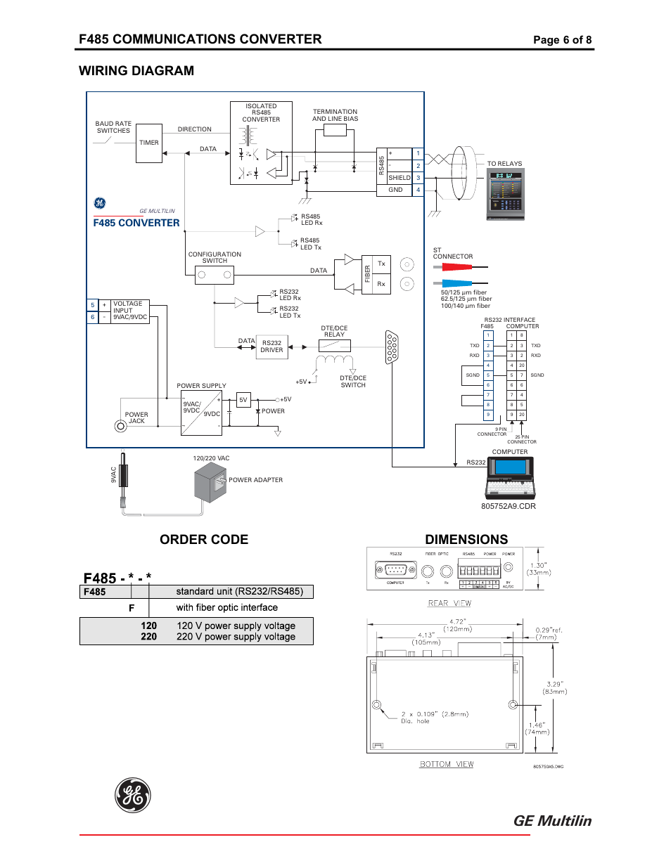 Wiring diagram, Ge multilin, F485 communications converter | Order code, Dimensions, Page, 6 of 8, F485 converter, 489 generator management relay tm | GE F485 User Manual | Page 6 / 8
