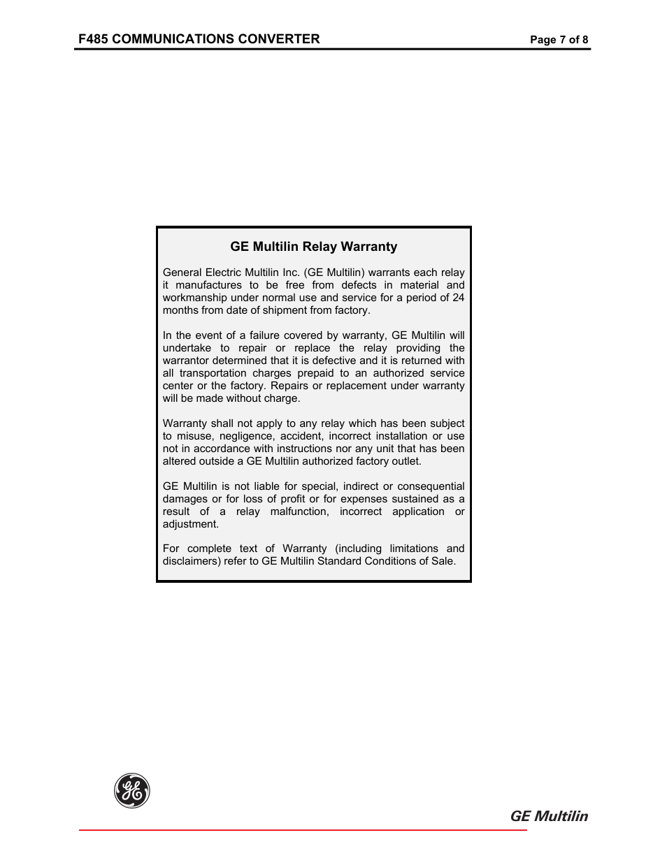 Warranty | GE F485 User Manual | Page 7 / 8