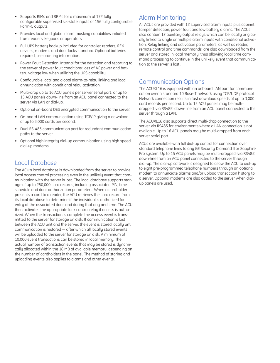 Local database, Alarm monitoring, Communication options | GE ACUXL16 User Manual | Page 2 / 4