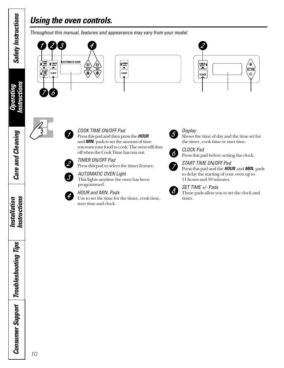 Oven controls, Oven controls , 11, Using the oven controls | GE Coil Top User Manual | Page 10 / 44