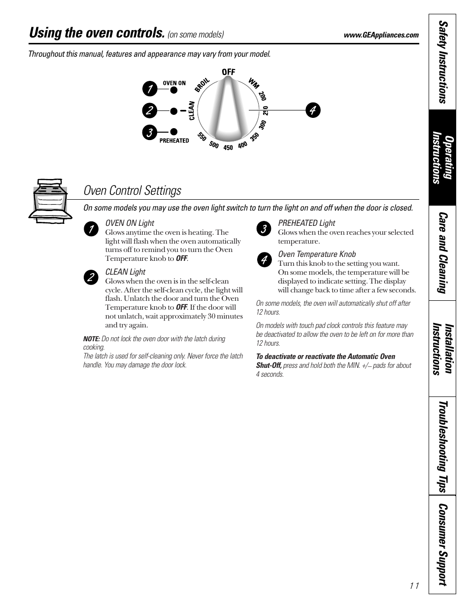 Using the oven controls, Oven control settings | GE Coil Top User Manual | Page 11 / 44