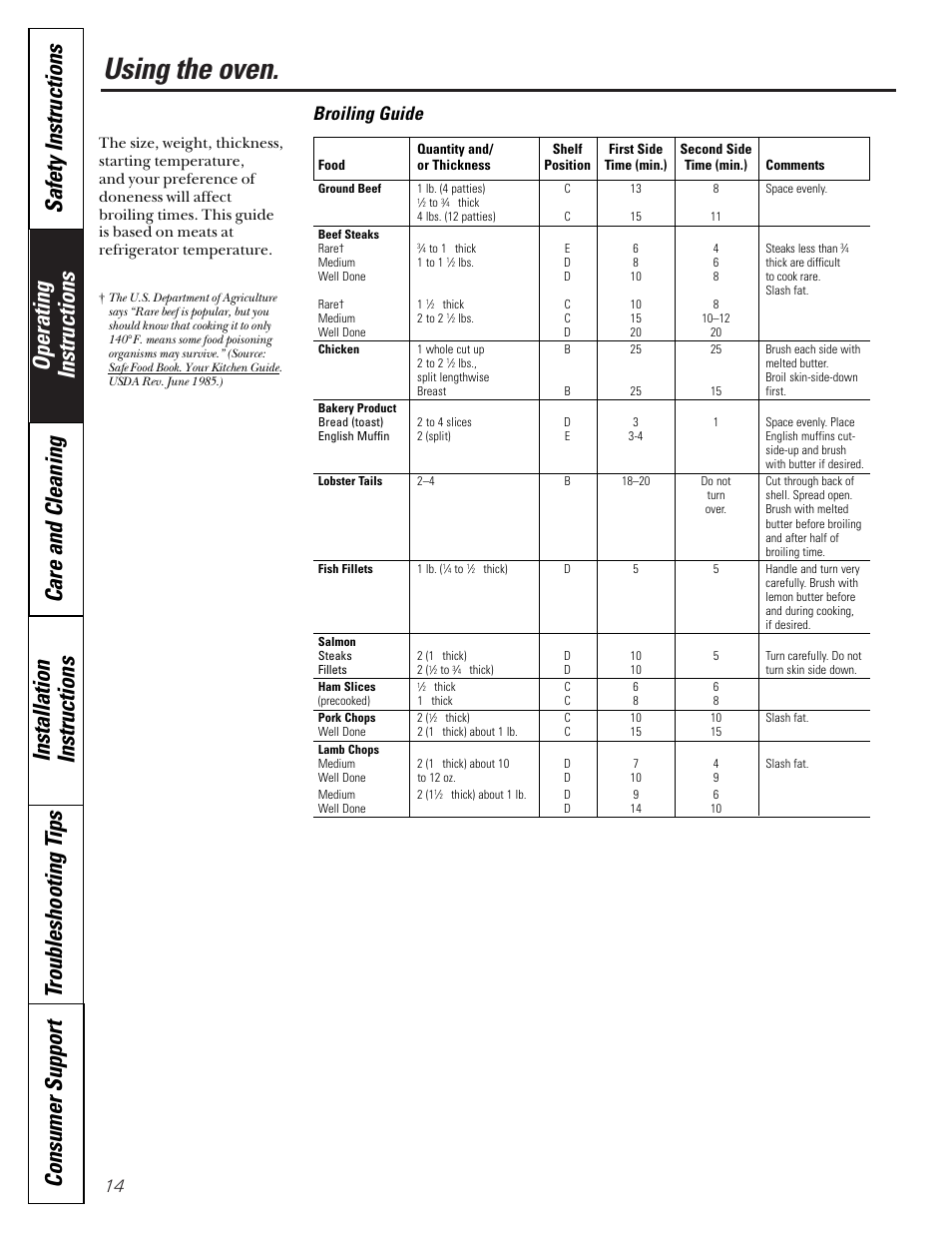 Using the oven, Broiling guide | GE Coil Top User Manual | Page 14 / 44