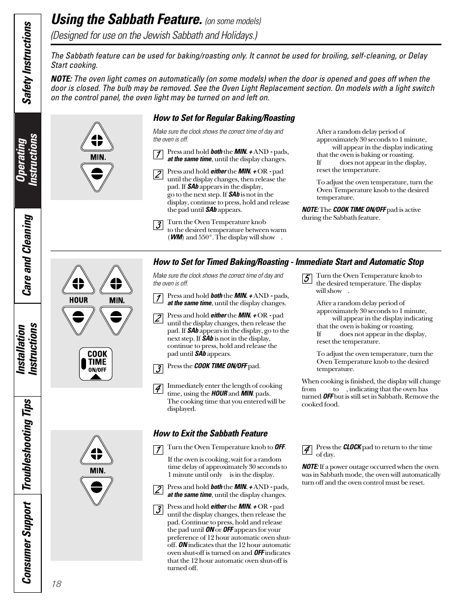 Sabbath feature, Using the sabbath feature, On some models) | How to set for regular baking/roasting, How to exit the sabbath feature | GE Coil Top User Manual | Page 18 / 44