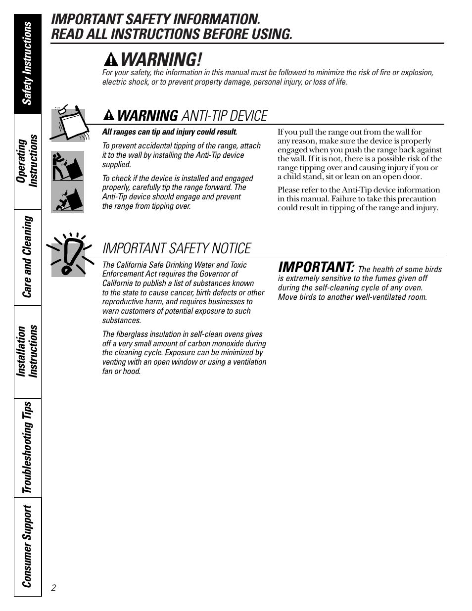 Anti-tip device, Warning, Warning anti-tip device important safety notice | Important | GE Coil Top User Manual | Page 2 / 44