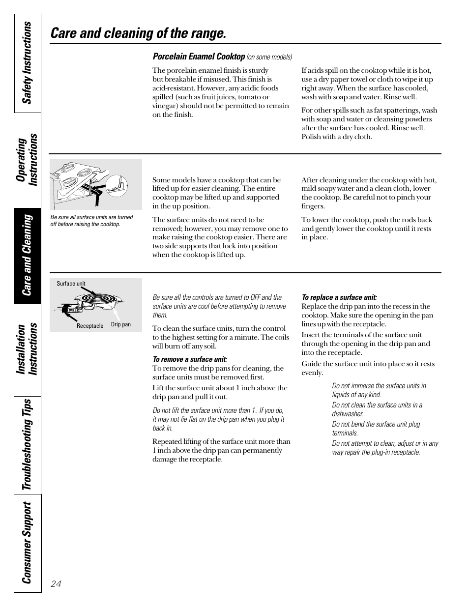 Care and cleaning of the range | GE Coil Top User Manual | Page 24 / 44