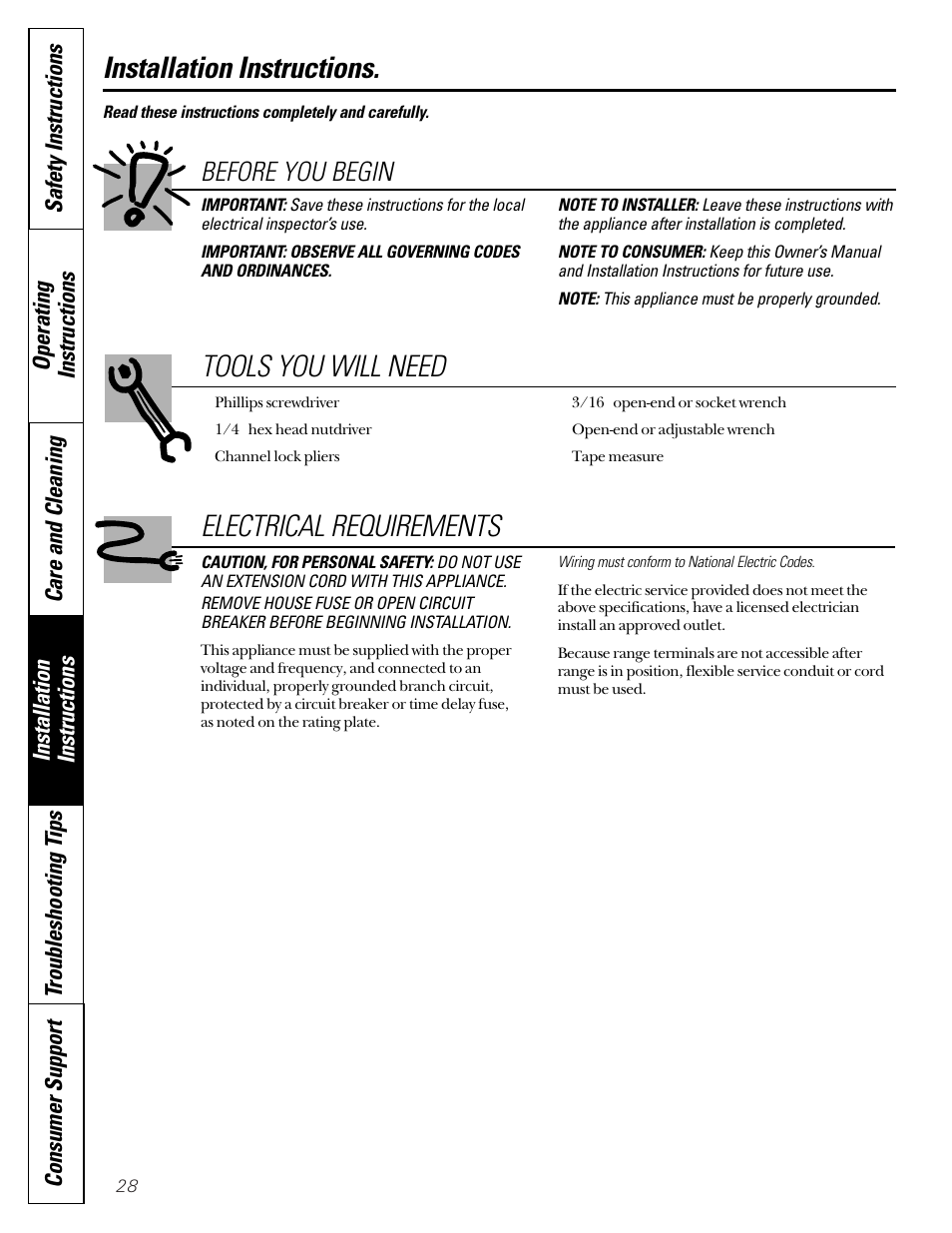 Before you begin, Installation instructions, Tools you will need | Electrical requirements | GE Coil Top User Manual | Page 28 / 44