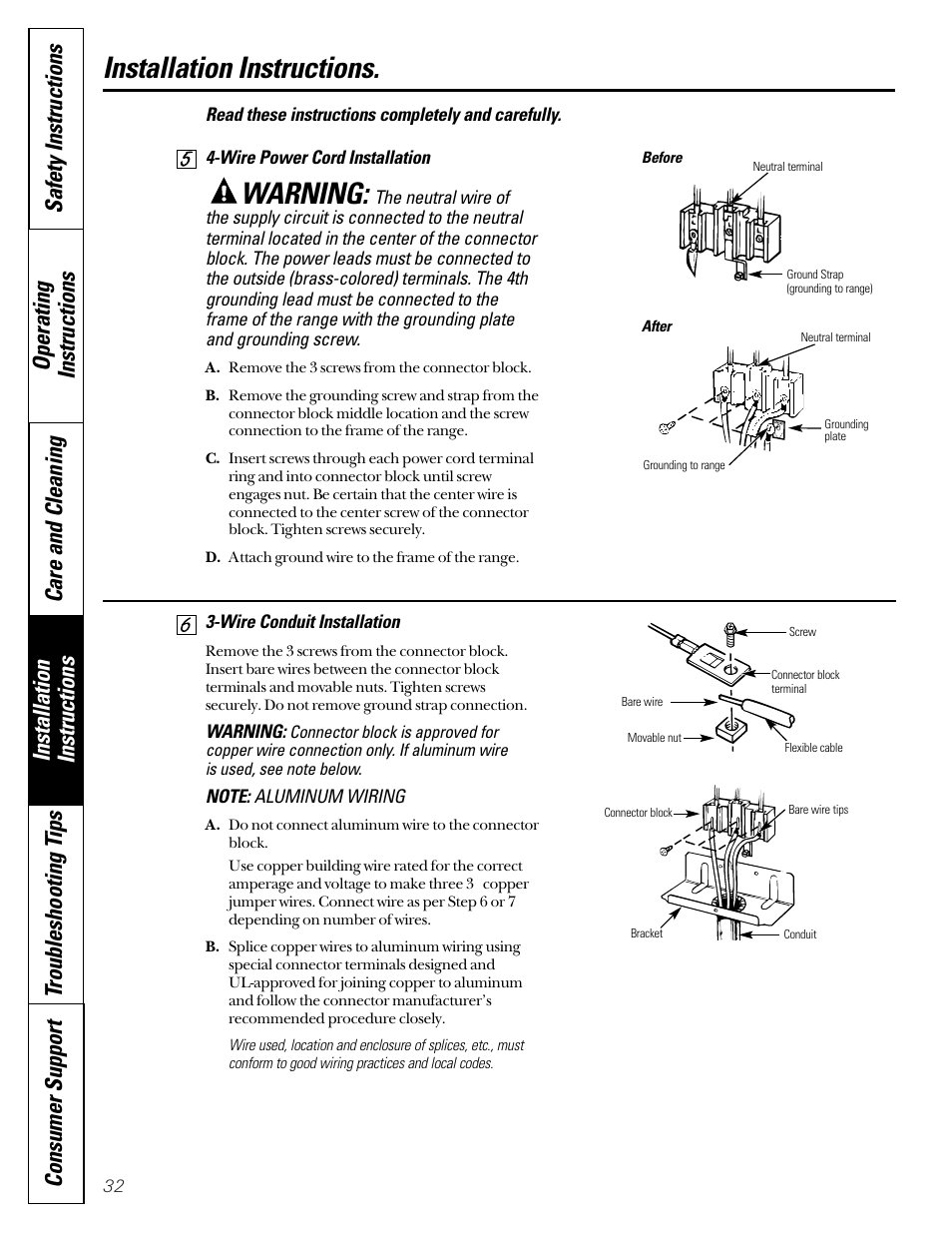 Warning, Installation instructions | GE Coil Top User Manual | Page 32 / 44