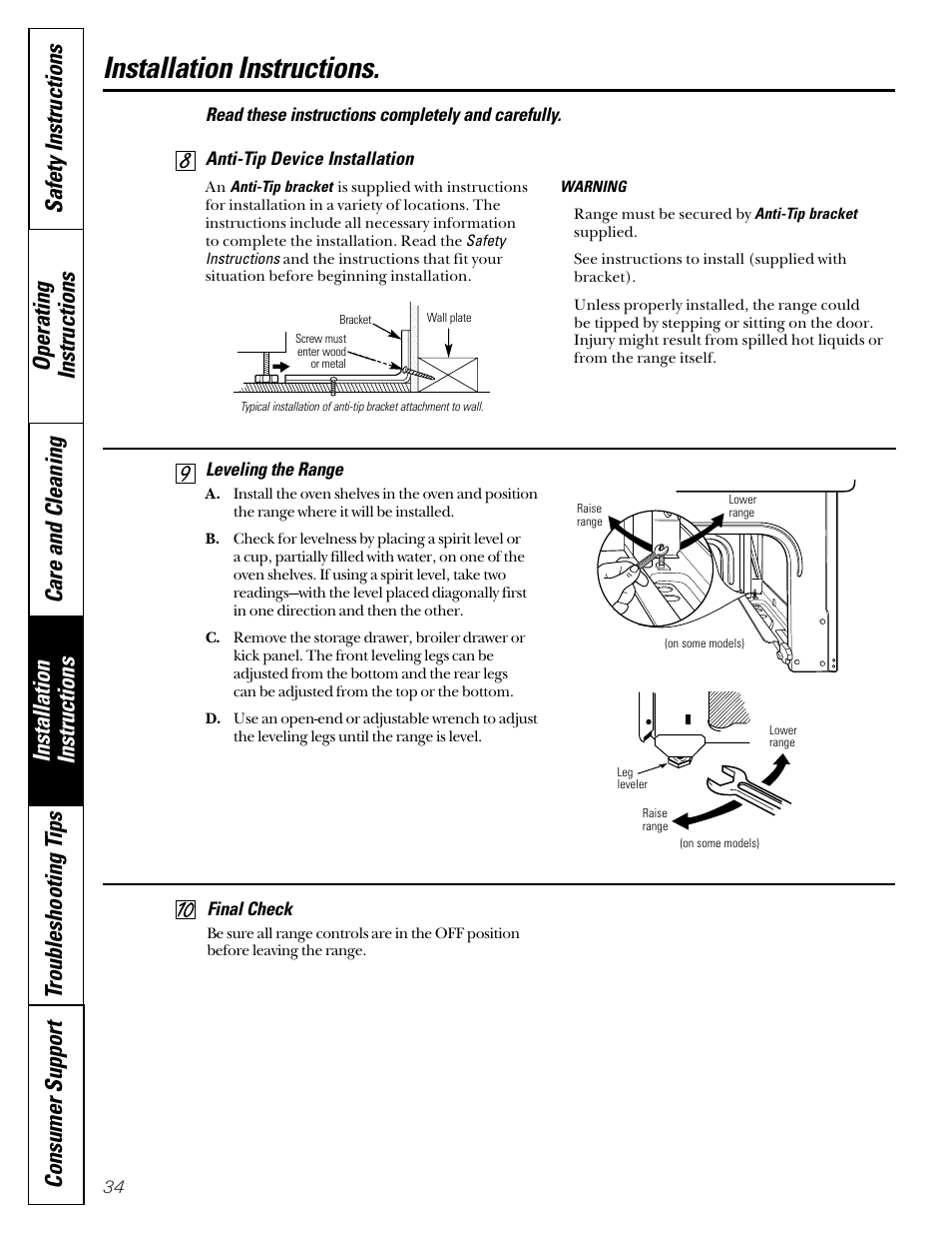 Anti-tip device, Leveling, Installation instructions | GE Coil Top User Manual | Page 34 / 44