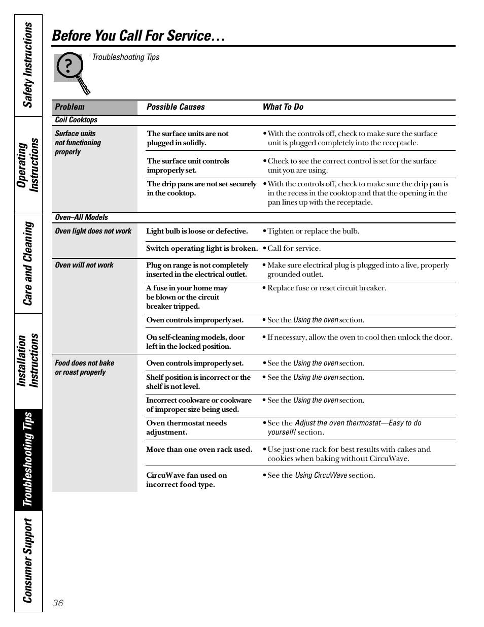 Before you call for service | GE Coil Top User Manual | Page 36 / 44