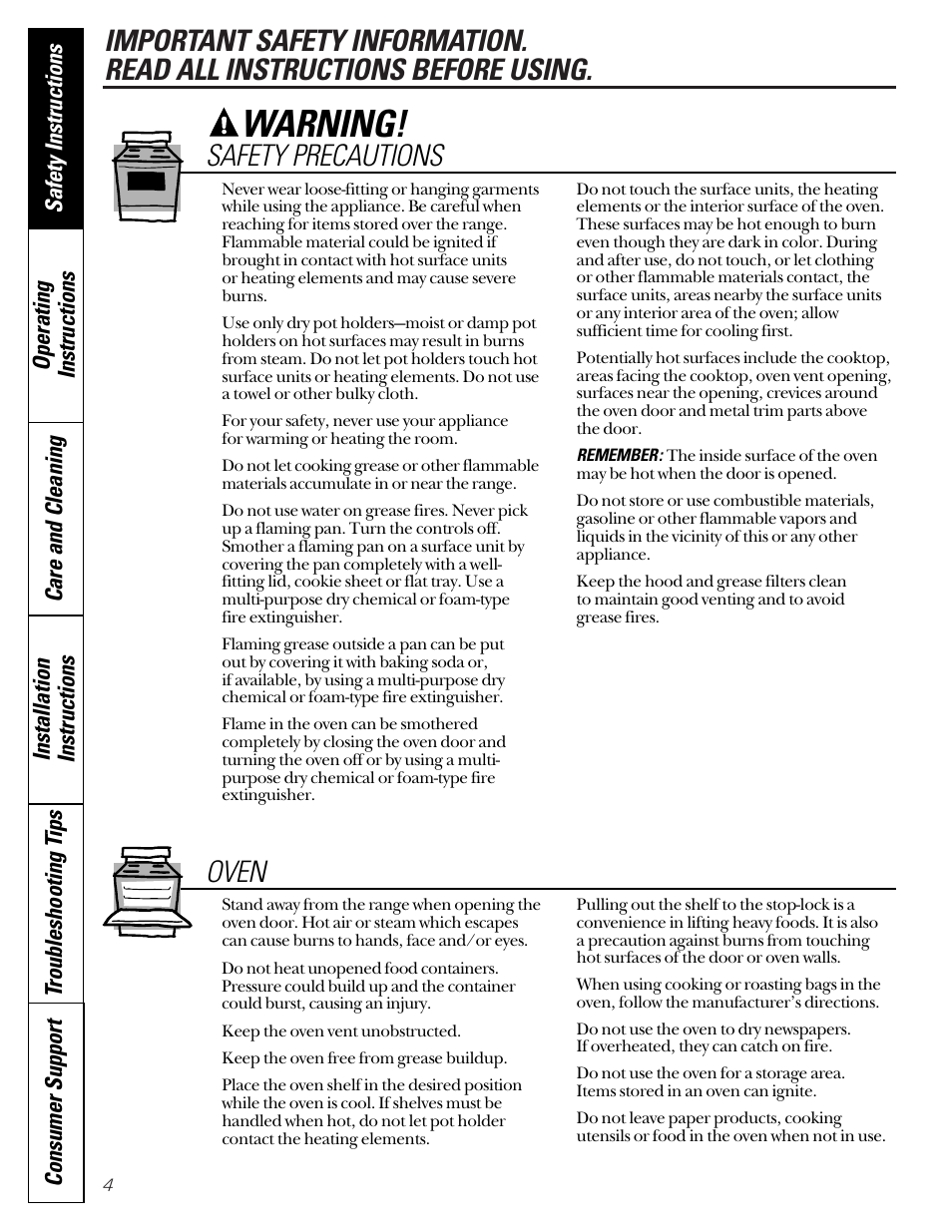 Oven, Warning, Safety precautions | GE Coil Top User Manual | Page 4 / 44