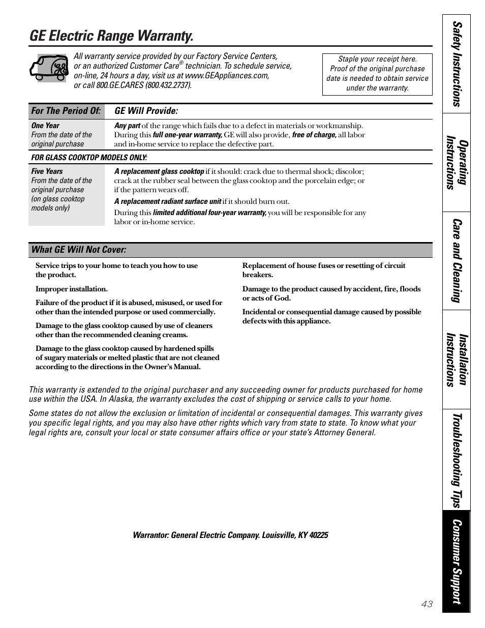 Warranty, Ge electric range warranty | GE Coil Top User Manual | Page 43 / 44