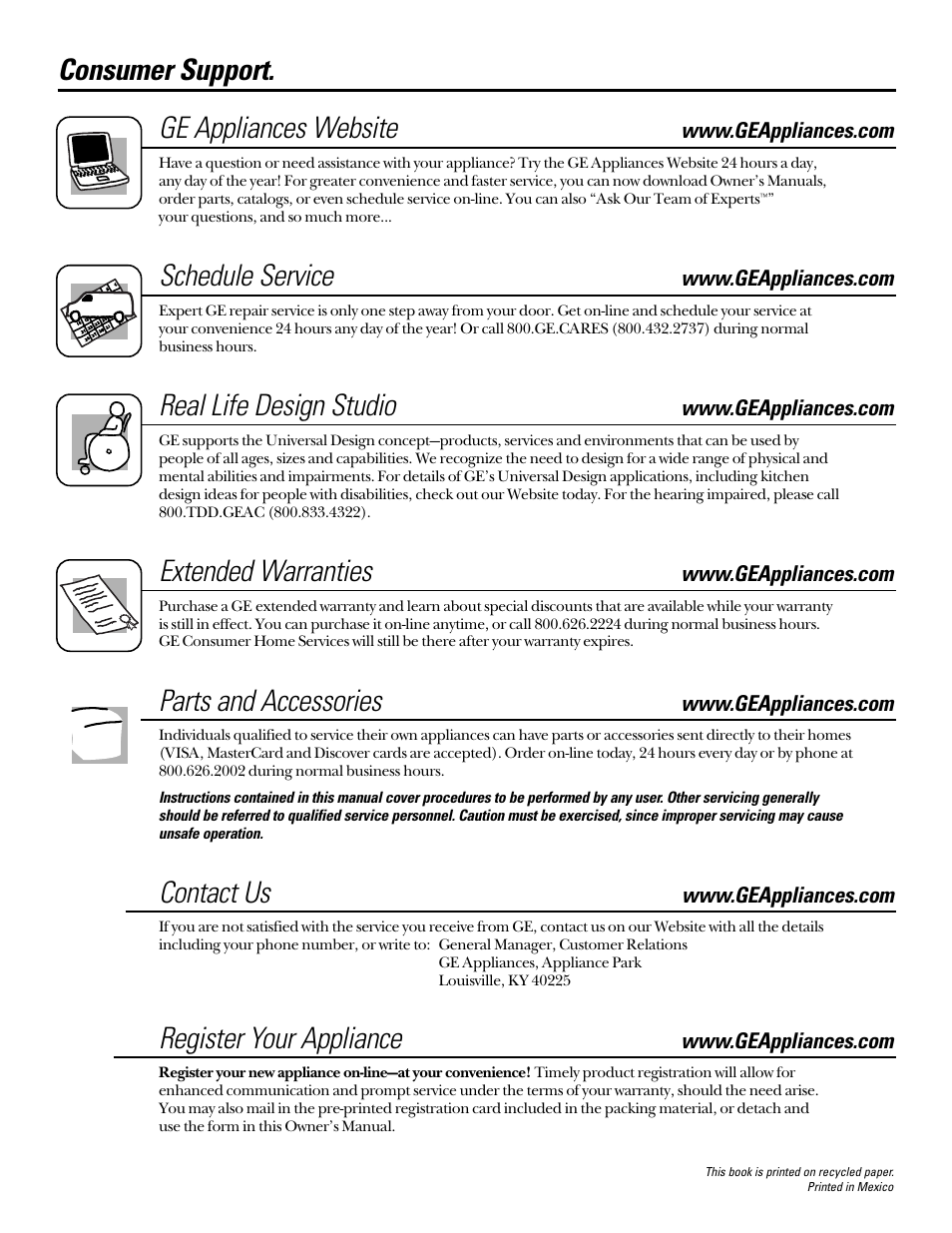 Consumer support, Consumer, Support . . . . . . . . . .back cover | Consumer support. ge appliances website, Schedule service, Real life design studio, Extended warranties, Parts and accessories, Contact us, Register your appliance | GE Coil Top User Manual | Page 44 / 44