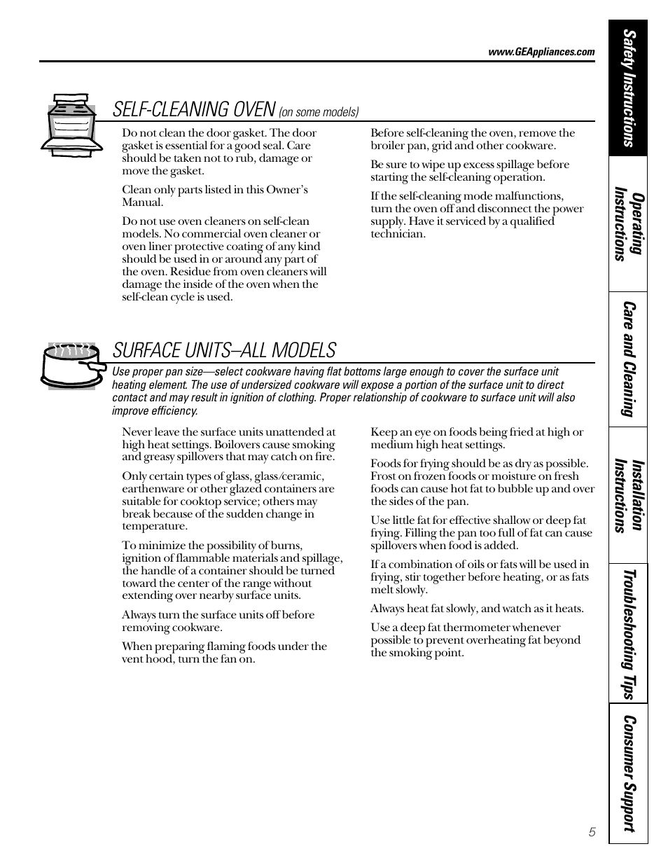 Self-cleaning oven, Surface units, Surface units , 6 | Surface units–all models | GE Coil Top User Manual | Page 5 / 44