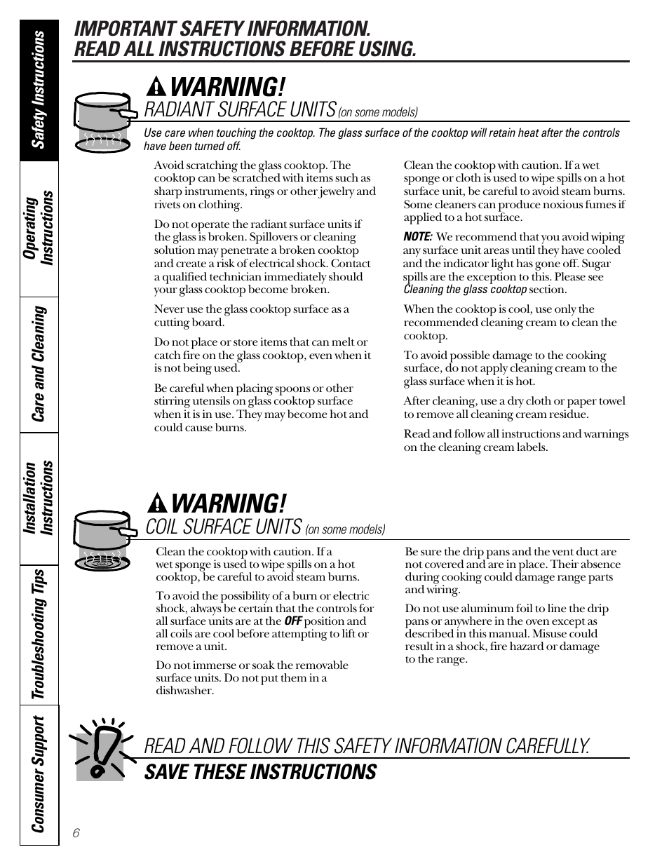 Warning, Radiant surface units, Coil surface units | GE Coil Top User Manual | Page 6 / 44