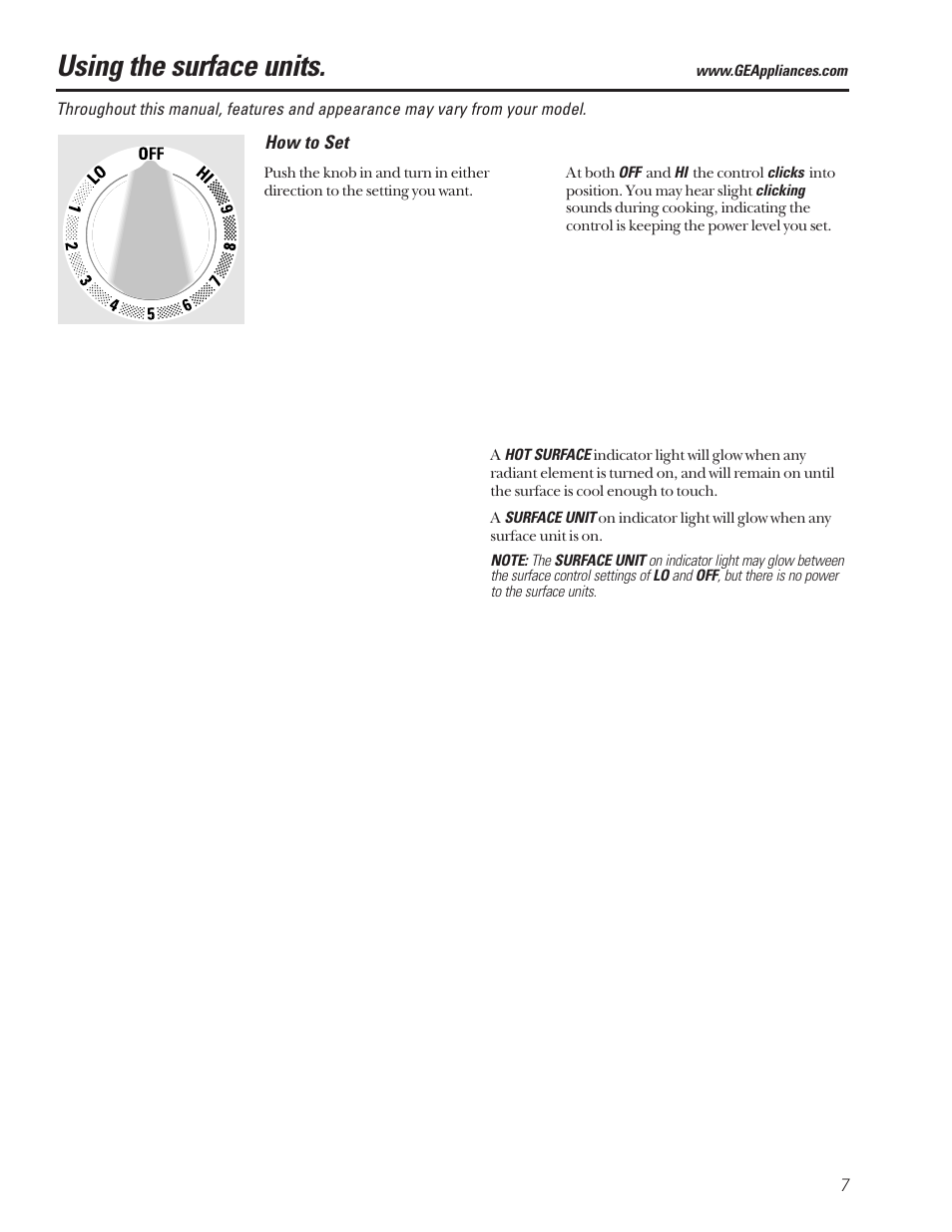 Surface units, Surface units , 8, Using the surface units | GE Coil Top User Manual | Page 7 / 44