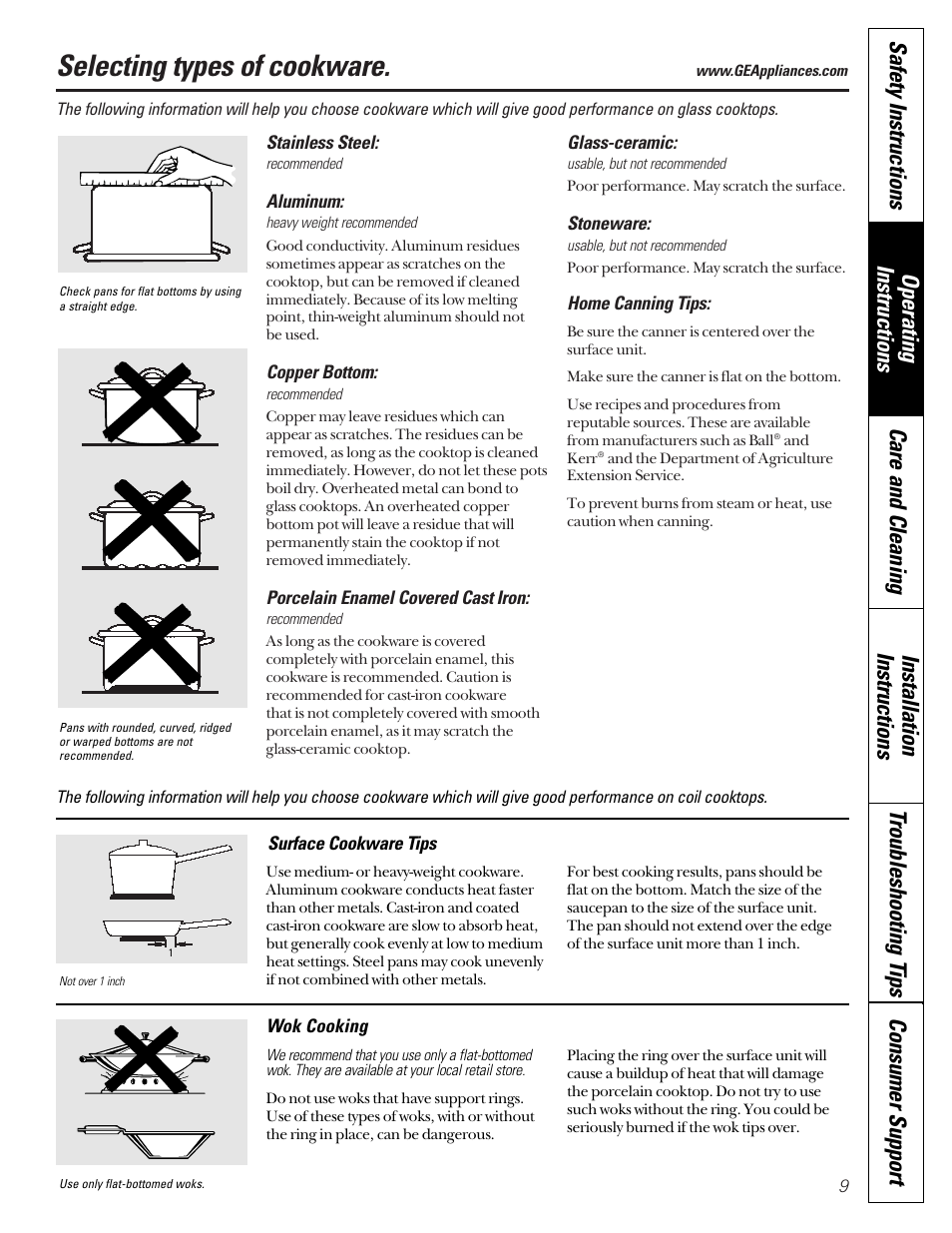 Selecting types of cookware | GE Coil Top User Manual | Page 9 / 44