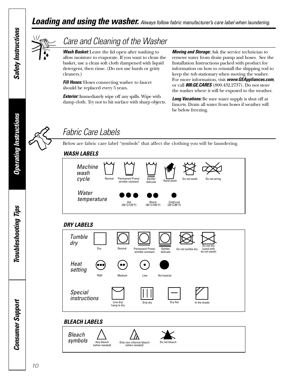 Care and cleaning of the washer, Fabric care labels, Loading and using the washer | Machine wash cycle, Water temperature, Tumble dry, Heat setting, Special instructions, Bleach symbols, Wash labels dry labels bleach labels | GE WBSR3140 User Manual | Page 10 / 16