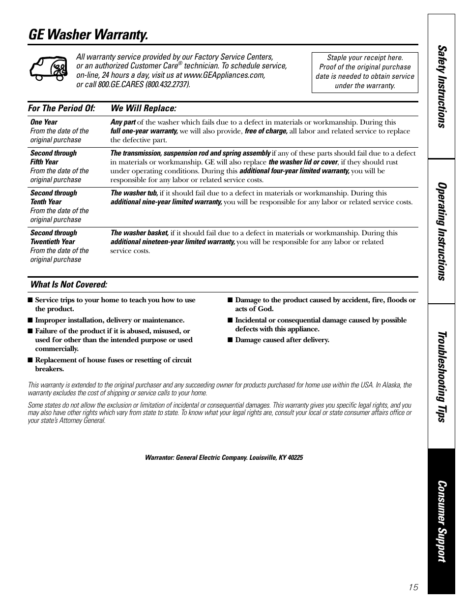 Warranty, Ge washer warranty | GE WBSR3140 User Manual | Page 15 / 16