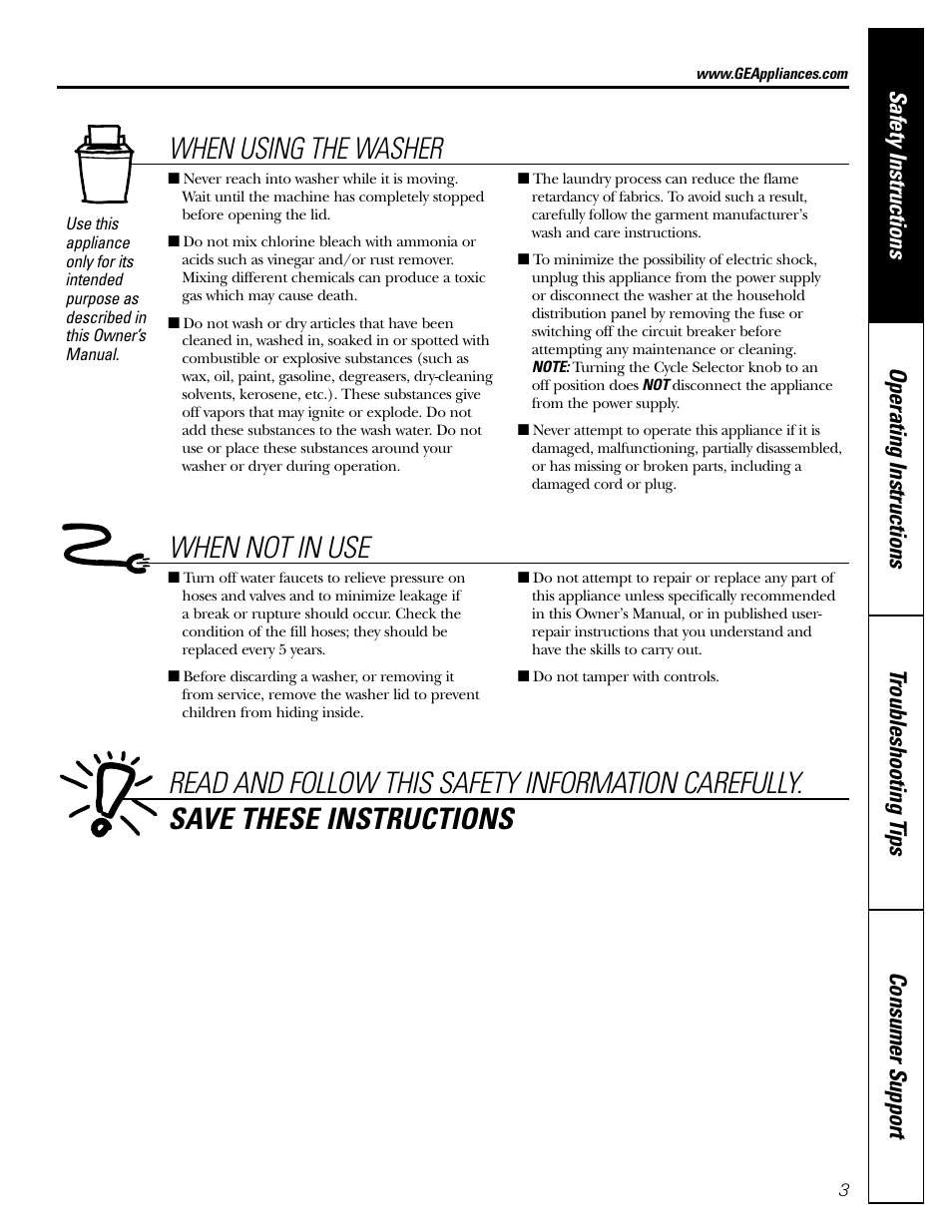 When not in use, When using the washer | GE WBSR3140 User Manual | Page 3 / 16