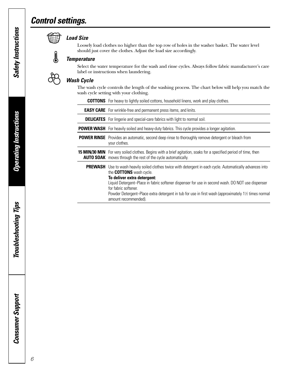 Control settings | GE WBSR3140 User Manual | Page 6 / 16