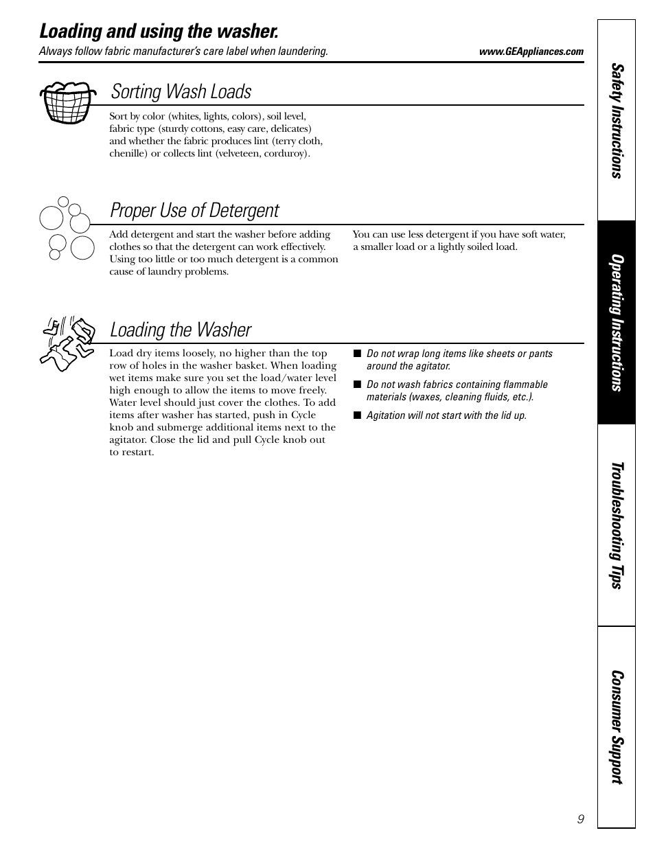 Loading and using the washer, Loading and using the washer , 10, Sorting wash loads proper use of detergent | Loading the washer | GE WBSR3140 User Manual | Page 9 / 16
