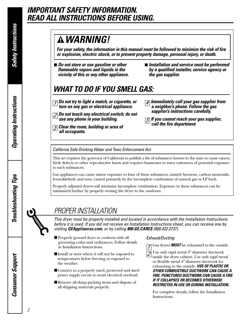 Safety instructions, Warning, What to do if you smell gas | 21 proper installation | GE DHDSR48 User Manual | Page 2 / 16