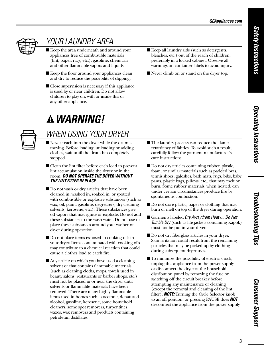 Warning, Your laundry area, When using your dryer | GE DHDSR48 User Manual | Page 3 / 16