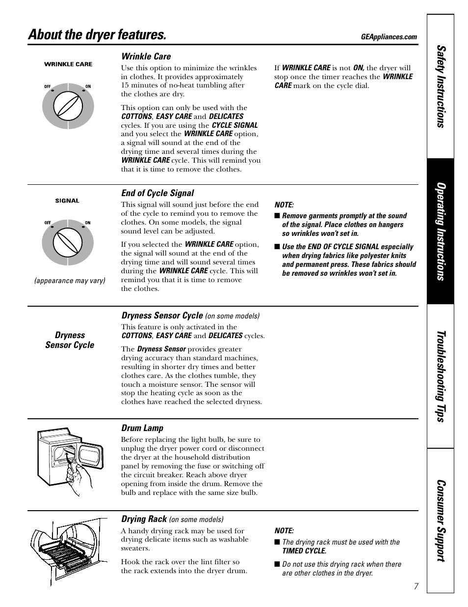 Dryer features, Dryer features , 8, About the dryer features | GE DHDSR48 User Manual | Page 7 / 16