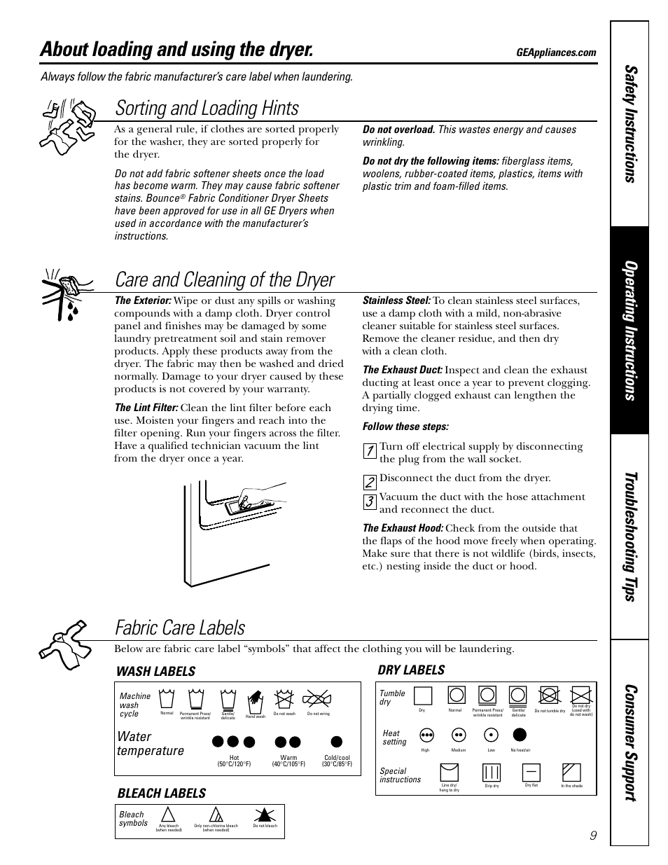 Loading and using the dryer, About loading and using the dryer, Sorting and loading hints | Care and cleaning of the dryer, 32 1 fabric care labels, Water temperature, Wash labels dry labels bleach labels | GE DHDSR48 User Manual | Page 9 / 16