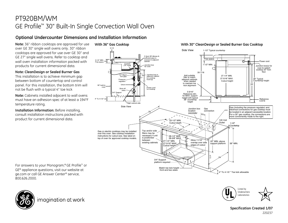 Pt920bm/wm, 30" built-in single convection wall oven, For answers to your monogram | Ge profile, Or ge | GE PT920BM User Manual | Page 2 / 3