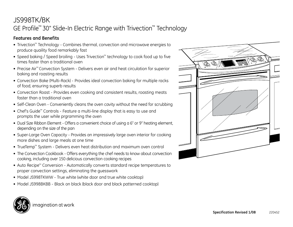 Js998tk/bk, Ge profile, 30" slide-in electric range with trivection | Technology | GE Profile JS998TK User Manual | Page 2 / 2